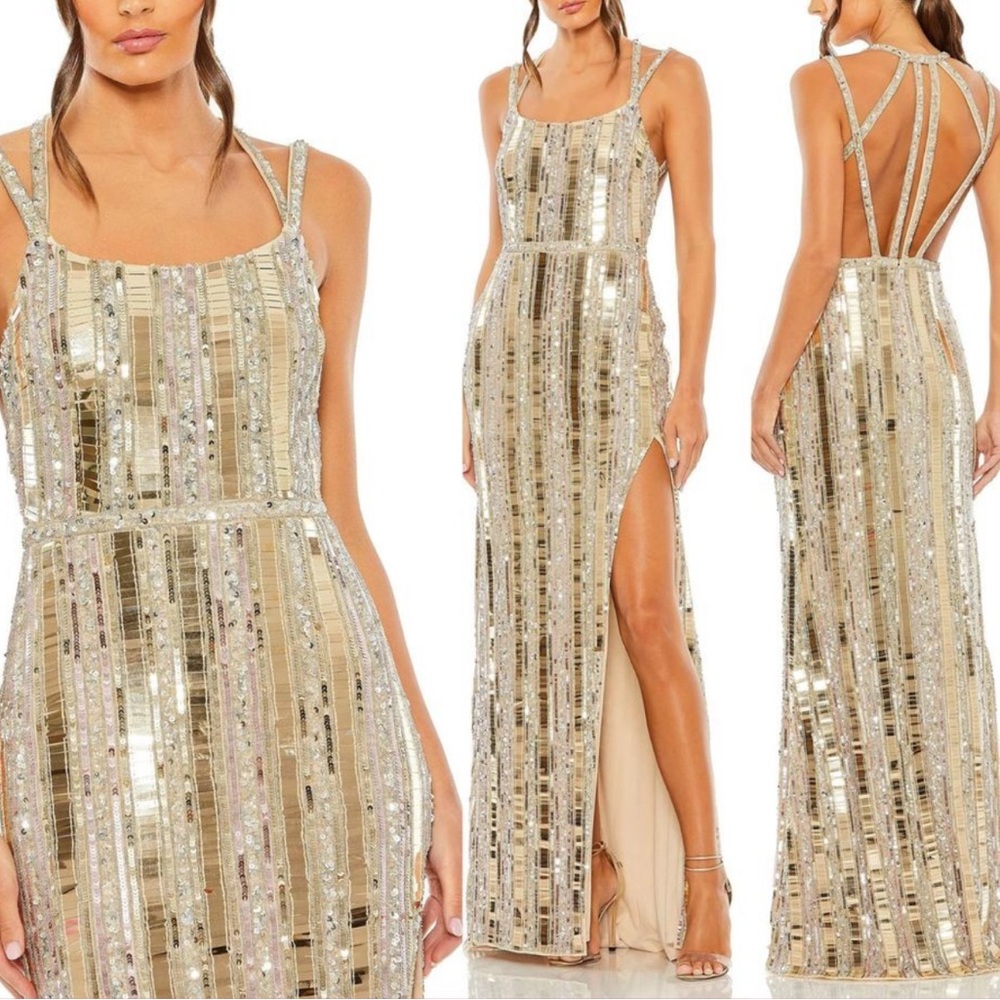 Mac Duggal  (6) Halter Neck Embellished Detailed Back Gown 93981 Nude Gold